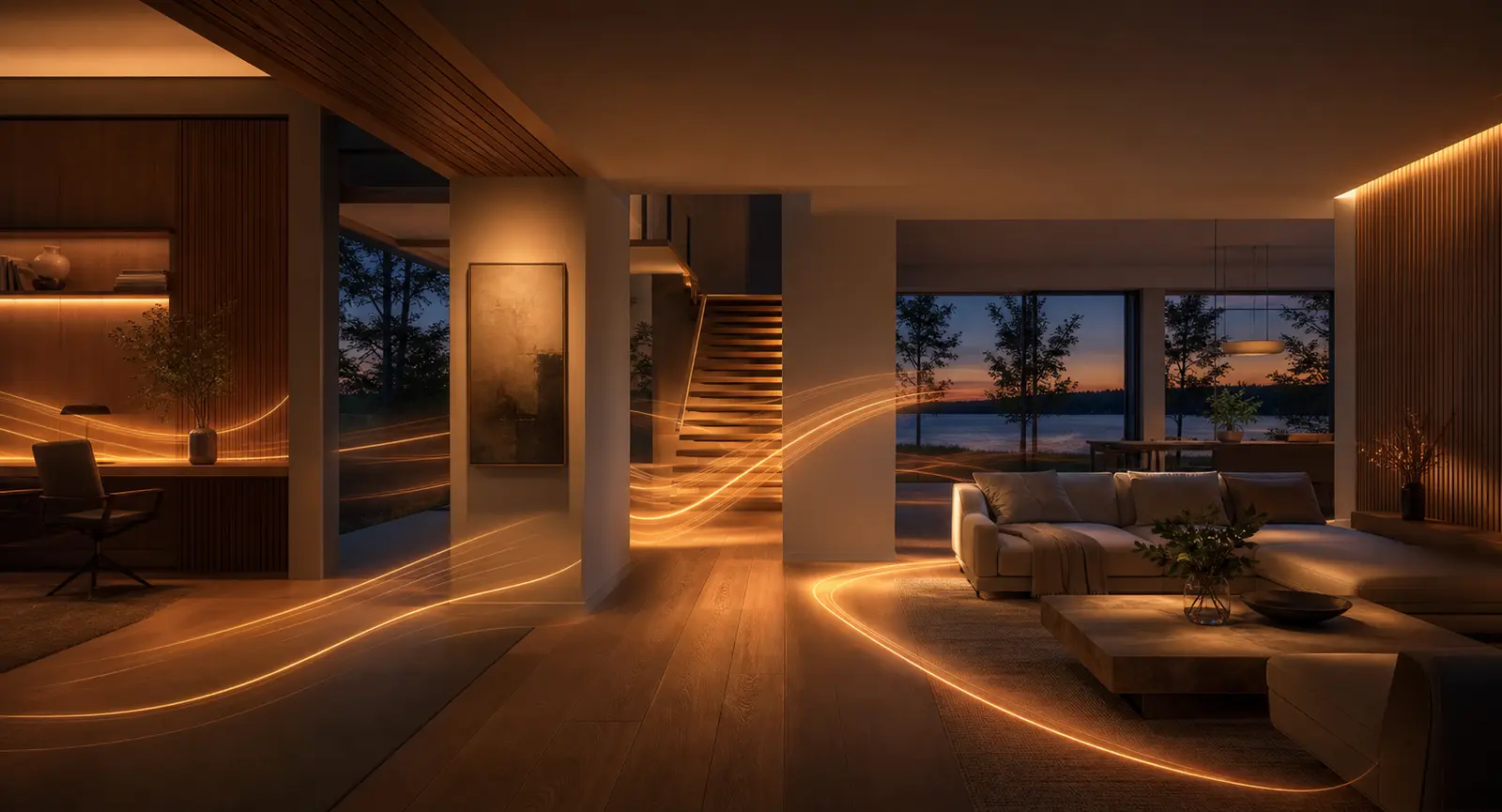 Warm fiber light flowing through a connected home